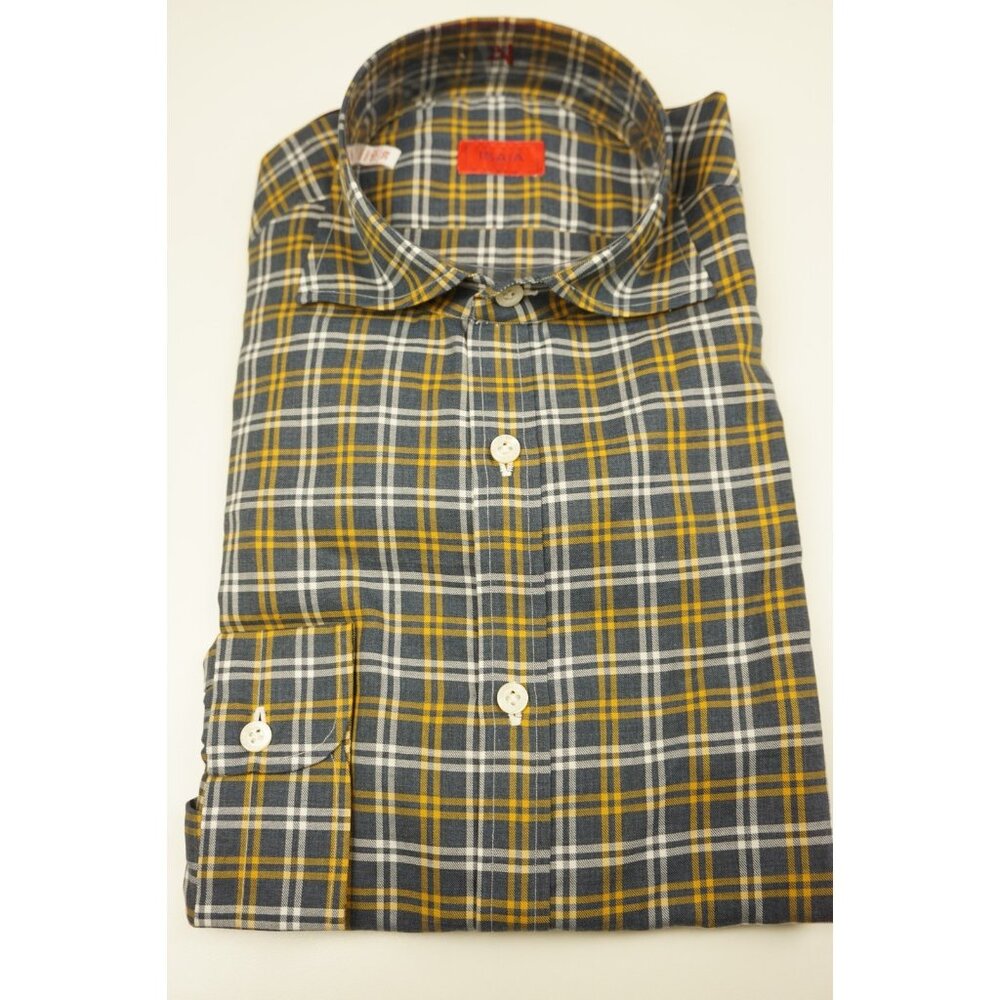 Isaia Sunflower Blue Gray White Plaid Long Sleeve Cotton Dress Shirt 15.5/39 NEW